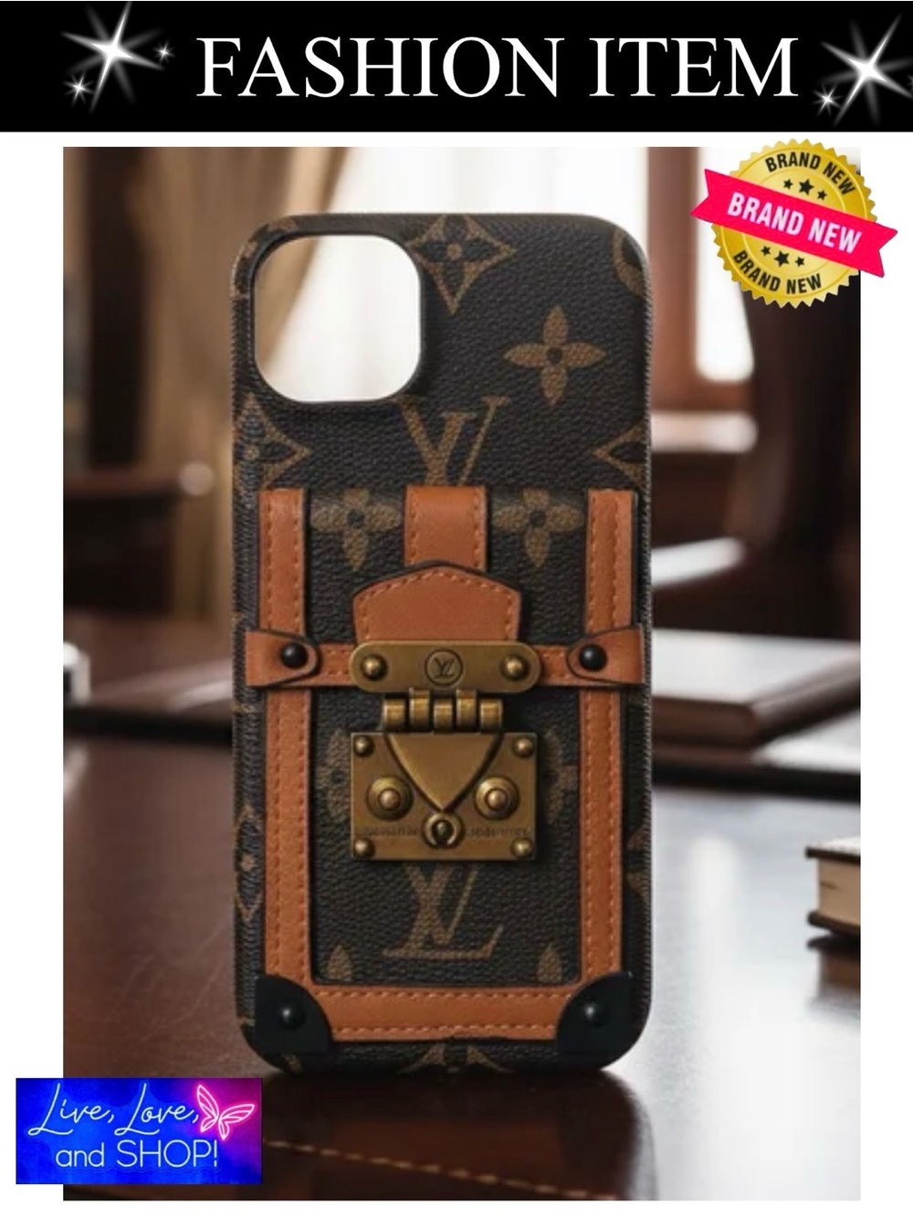 PHONE CASE: Brown & Tan LV Monogram Trunk-Style iPhone 15 Plus, NWOT